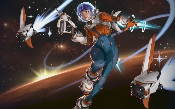 A vibrant 4K Ultra HD wallpaper featuring Juno from Overwatch 2, wielding a futuristic weapon amid a cosmic backdrop with two robotic companions.