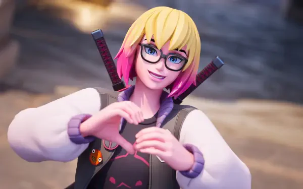 A vibrant 4K Ultra HD wallpaper featuring Gwenpool from Fortnite, showcasing her playful personality with a heart gesture and colorful hairstyle against a dynamic background.