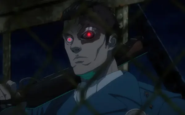 An intense anime character from Terminator Zero with a cybernetic eye and a determined expression, captured in a dark, atmospheric setting. 4K Ultra HD desktop wallpaper.