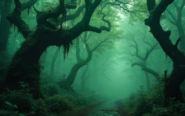 spooky forest forest mist tree path HD Desktop Wallpaper | Background Image