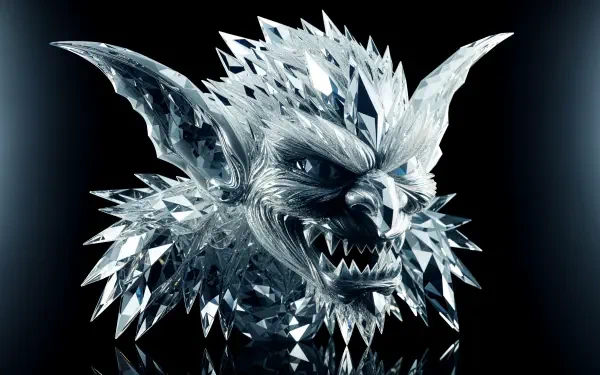 A striking goblin figure designed with crystal-like facets, set against a sleek black background, presented as a 4K Ultra HD PC desktop wallpaper and background.