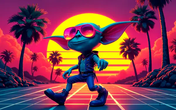 Colorful 4K Ultra HD wallpaper featuring a playful goblin in sunglasses, walking confidently against a vibrant sunset and palm trees, blending fantasy with retro city vibes.