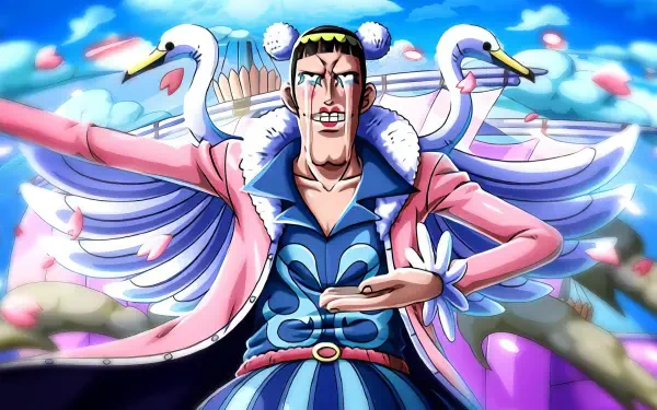 Anime-inspired HD wallpaper featuring Bentham from One Piece, showcasing his flamboyant style with swan motifs and a vibrant background.