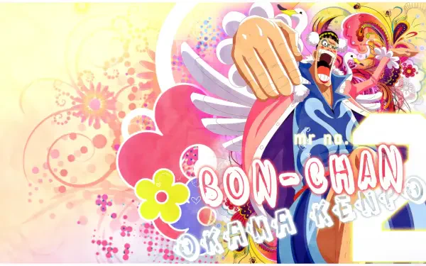 A vibrant HD desktop wallpaper featuring Bentham, also known as Bon-Chan, from the anime One Piece, surrounded by colorful flowers and playful designs.