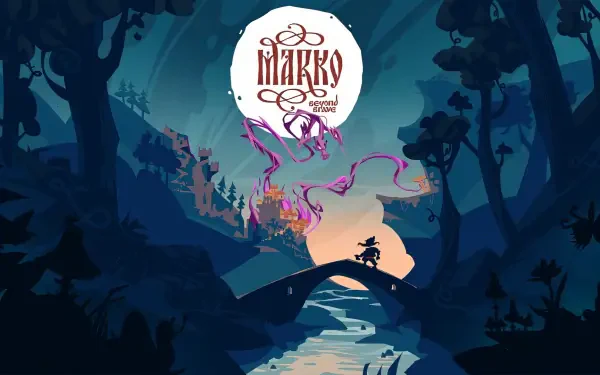 A vibrant HD wallpaper featuring Marko: Beyond Brave, showcasing a mysterious forest with a bridge, a serene river, and whimsical elements that evoke adventure.