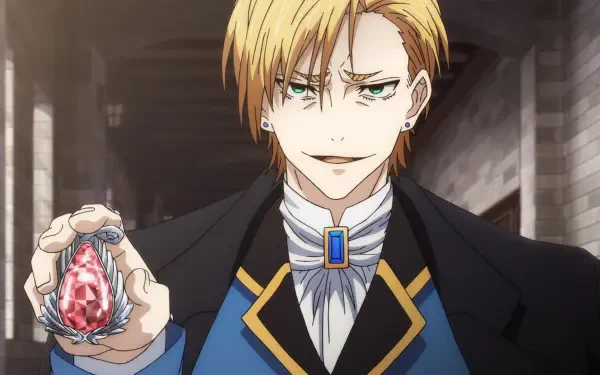 Anime character from The Ossan Newbie Adventurer, holding a large gem with a confident expression, set against a detailed background, showcased as an HD PC desktop wallpaper.