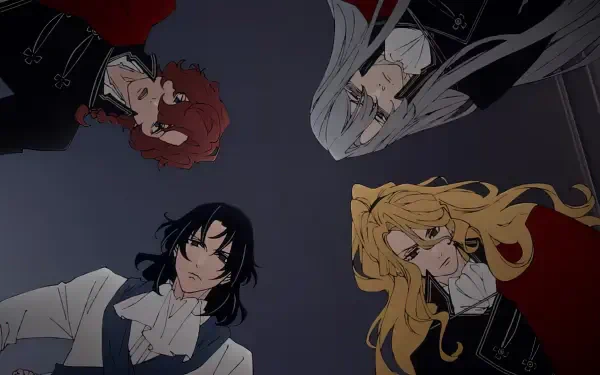 A dramatic anime scene featuring four characters from Delico's Nursery, looking down with intense expressions, suitable as HD desktop wallpaper or background.