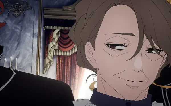 A detailed anime scene from Delico's Nursery features a character with an enigmatic smile, set against an opulent background with rich drapery and elegant decor. Suitable as an HD desktop wallpaper.