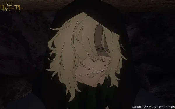 HD anime desktop wallpaper from Delico's Nursery, featuring a dark, eerie character with messy blonde hair and a sinister expression in a shadowy environment.