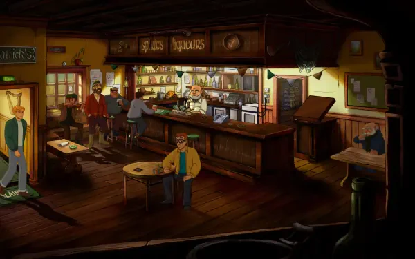 A detailed HD wallpaper from Broken Sword - Shadow of the Templars: Reforged, featuring a lively tavern scene with characters engaging in various activities.