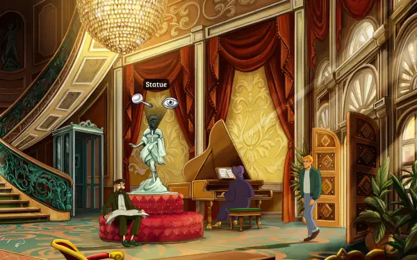 HD PC desktop wallpaper from the video game Broken Sword - Shadow of the Templars: Reforged, featuring an ornate room with a grand piano, statue, and detailed architecture.