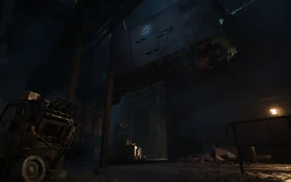 A dark and atmospheric HD desktop wallpaper from the video game The Casting of Frank Stone, featuring an industrial setting with machinery and moody lighting.