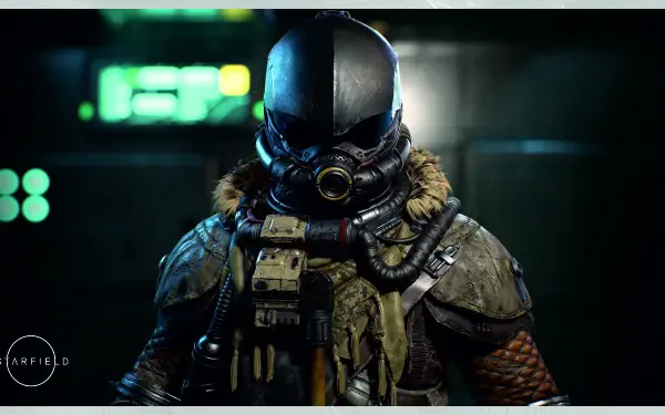 A detailed, high-definition artwork from the video game Starfield, showcasing a character in a futuristic suit and helmet with intricate textures and a dark, atmospheric background.