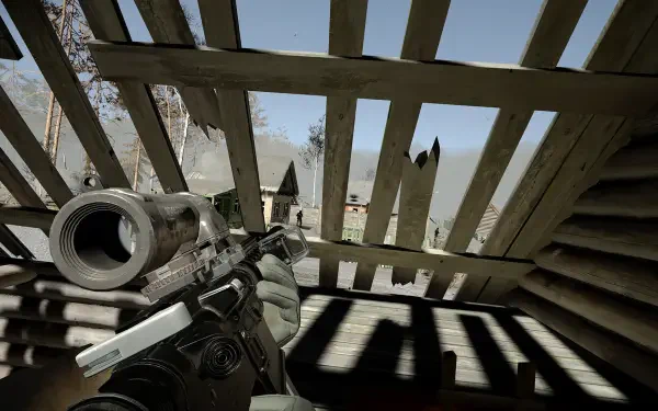 A detailed HD desktop wallpaper from the video game Into the Radius VR, showcasing a sniper rifle aimed through wooden slats, with shadows and textures emphasizing the game's immersive atmosphere.