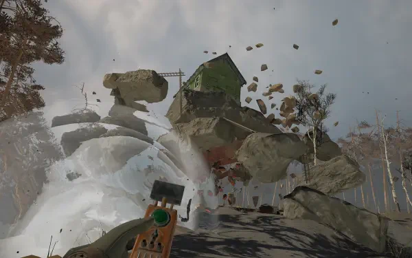 A dynamic scene from the video game Into the Radius VR, featuring a fragmented landscape with flying debris and a tilted green house, serving as a captivating HD desktop wallpaper.
