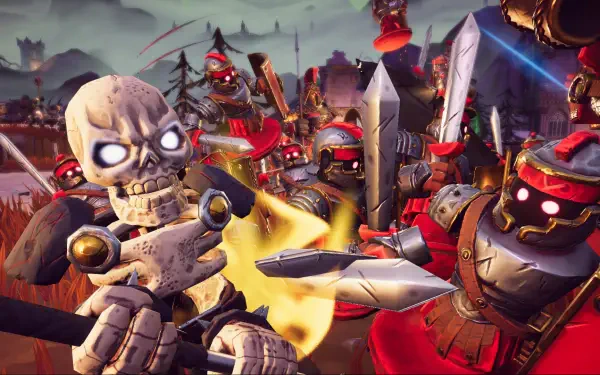 A dramatic scene from the video game Toy Tactics, featuring a menacing skeleton amid an army of armored figures, set against a vibrant fantasy backdrop.