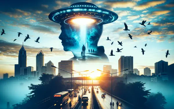 A captivating UFO invasion scene featuring a silhouette of a figure under a hovering spaceship, set against a vibrant city skyline at sunset. 4K Ultra HD desktop wallpaper.
