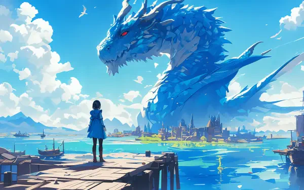 A stunning 4K Ultra HD anime wallpaper featuring a majestic blue dragon looming over a serene harbor scene, blending fantasy elements with vibrant colors and intricate details.