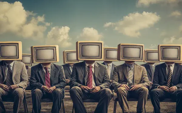 A surreal image of businessmen with CRT monitors for heads, set against a cloudy sky, reflecting themes of corporatism in a striking 4K Ultra HD wallpaper.