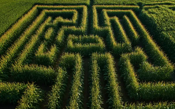 Aerial view of a vibrant corn maze under summer sunlight, showcasing agriculture and outdoor recreation in stunning 4K Ultra HD detail.