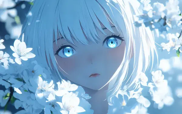 A serene anime girl with white hair and striking blue eyes gazes gently amid blooming white flowers, featured in a stunning 4K Ultra HD wallpaper.