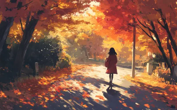 A vibrant anime girl walks down a scenic path surrounded by autumn foliage, bathed in warm sunlight, capturing the essence of fall. 4K Ultra HD visual for a stunning desktop wallpaper.