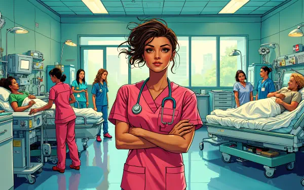 A confident nurse in pink scrubs stands in a busy hospital ward, surrounded by colleagues and patients, illustrating the vital role of healthcare professionals. 4K Ultra HD desktop wallpaper.