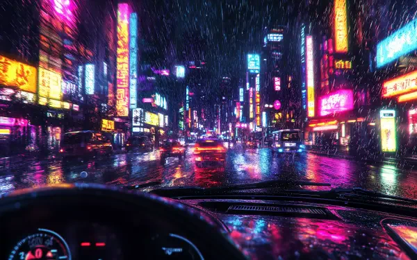 A vibrant, neon-lit city scene viewed from inside a car, with raindrops on the windshield, captures the essence of driving in the rain. A stunning 4K Ultra HD desktop wallpaper.