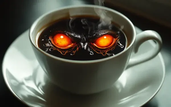A striking 4K Ultra HD wallpaper featuring a coffee cup with steam rising, revealing intense, glowing eyes in the dark liquid, creating a captivating and eerie ambiance.