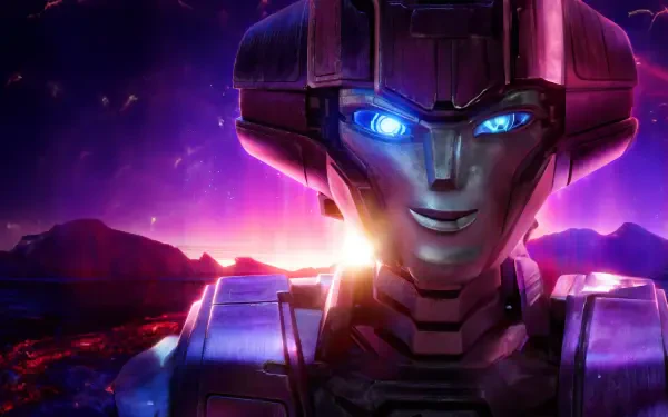 A vibrant 4K Ultra HD wallpaper from the movie Transformers One showcases a robotic character with striking blue eyes against a colorful cosmic background.