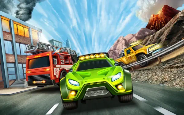 Dynamic HD wallpaper from Matchbox Driving Adventures, featuring vibrant vehicles racing through a scenic landscape with dramatic clouds and a bustling fire truck.