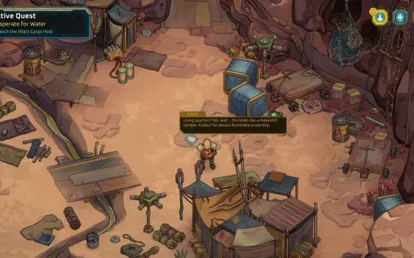 A detailed HD PC desktop wallpaper from the video game Dark Sky (2024), showcasing a desert settlement filled with crates, tents, and characters engaged in quests.