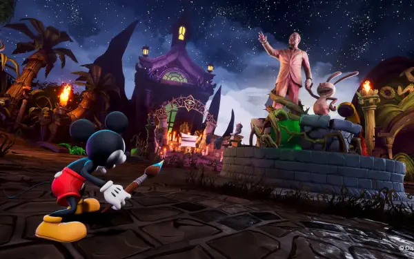 A vibrant scene from Disney Epic Mickey: Rebrushed, featuring Mickey Mouse with a paintbrush, set against a whimsical night sky and a striking statue in a fantastical landscape.