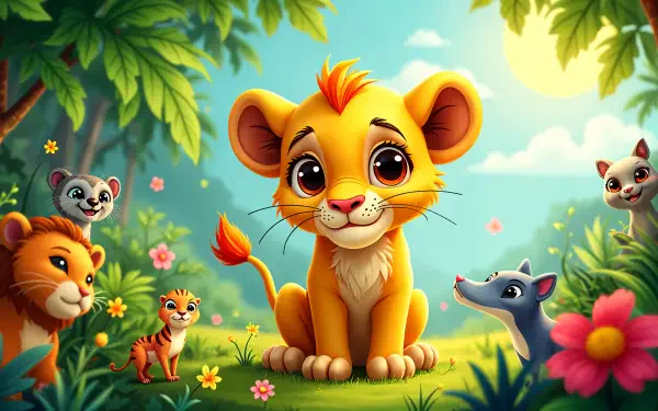 A cheerful cartoon lion sits among colorful flowers and playful animal friends in a vibrant, sunny jungle scene, featured as a 4K Ultra HD desktop wallpaper and background.