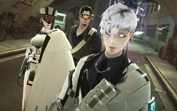 A striking HD PC desktop wallpaper featuring characters from the video game Reynatis, set in a vibrant, futuristic urban environment.