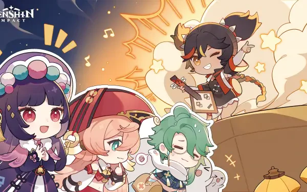 A colorful HD wallpaper featuring characters from Genshin Impact: Yanfei, Yun Jin, Xinyan, and Baizhu, set against a vibrant, musical background.