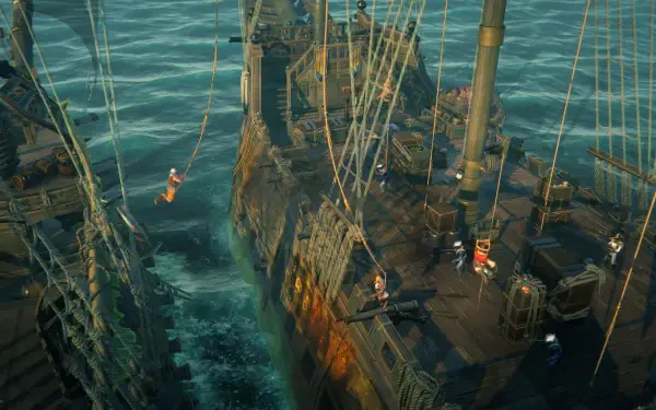 A dynamic HD wallpaper from the video game Rogue Waters, showcasing a detailed ship surrounded by vibrant ocean waters and characters engaged in action.