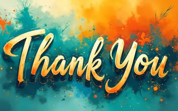 A vibrant 4K Ultra HD desktop wallpaper featuring the words Thank You in a stylish font against a splash of orange and teal colors.
