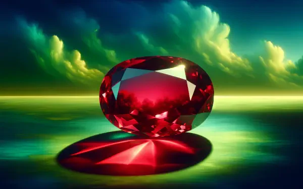 A stunning ruby gemstone rests on a reflective surface, surrounded by dramatic clouds and vibrant colors, showcasing its brilliance in a 4K Ultra HD wallpaper.