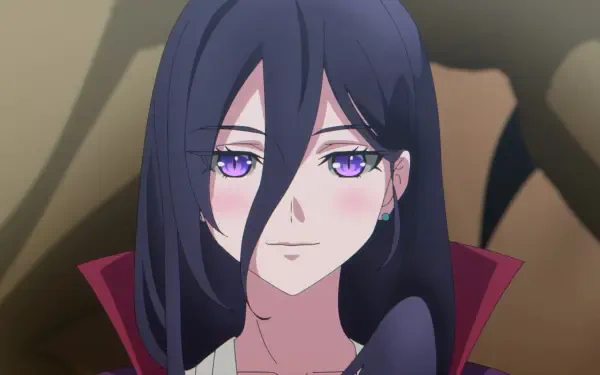 A striking character from The Strongest Magician in the Demon Lord's Army was a Human, featuring vivid purple eyes and dark hair, set against a dramatic background. HD desktop wallpaper.