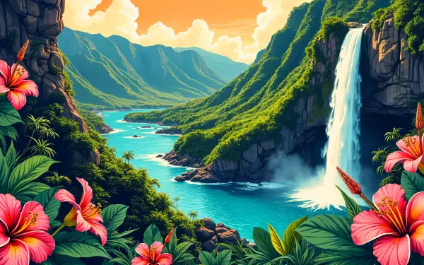 A vibrant Hawaiian landscape featuring lush green mountains, a cascading waterfall, and colorful hibiscus flowers, captured in stunning 4K Ultra HD for a captivating desktop wallpaper.