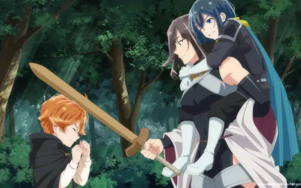 Anime scene from As a Reincarnated Aristocrat I’ll Use My Appraisal Skill to Rise in the World, featuring characters in a forest, engaged in a moment of action and camaraderie.