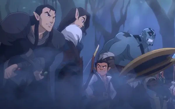 HD anime desktop wallpaper featuring characters from The Legend of Vox Machina emerging through mist in a dark, atmospheric setting.