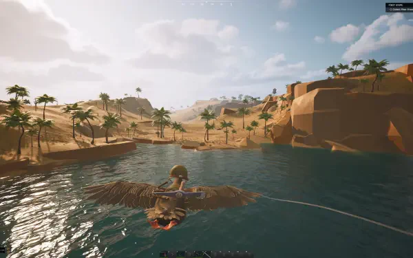 A scenic HD PC desktop wallpaper from the video game DUCKSIDE, featuring a character gliding above tranquil waters, surrounded by palm trees and desert landscapes under a sunny sky.