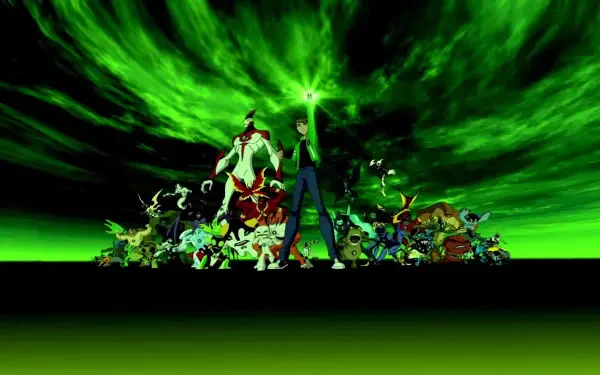 HD PC wallpaper: Ben 10 at center with a lineup of aliens from Ben 10, Ben 10: Alien Force, Ben 10: Ultimate Alien, Ben 10: Omniverse and Ben 10 (2016) under a green energy sky.