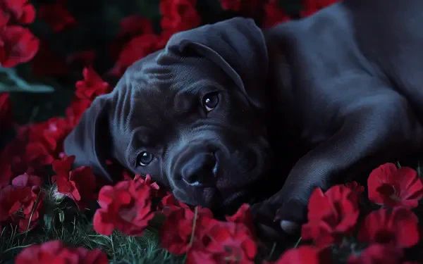 Black Cane Corso puppy lying among vibrant red flowers, captured in high-definition detail as a PC desktop wallpaper and background.