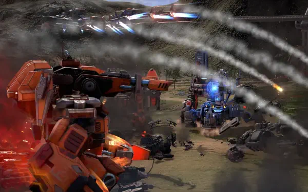 A dynamic HD wallpaper featuring intense mech combat from Mechabellum, showcasing vibrant robots and explosive action in a futuristic battlefield setting.