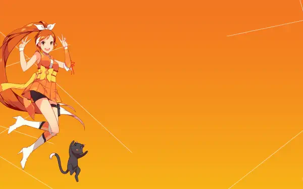 Anime-inspired HD desktop wallpaper featuring a cheerful character in vibrant orange attire alongside a playful black cat, tagged with Crunchyroll.