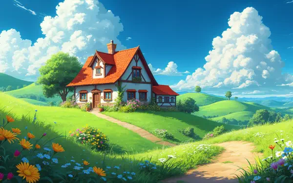 A charming farmhouse sits amidst vibrant green hills, colorful flowers, and fluffy clouds, creating a serene landscape, captured in stunning 4K Ultra HD quality for desktop use.