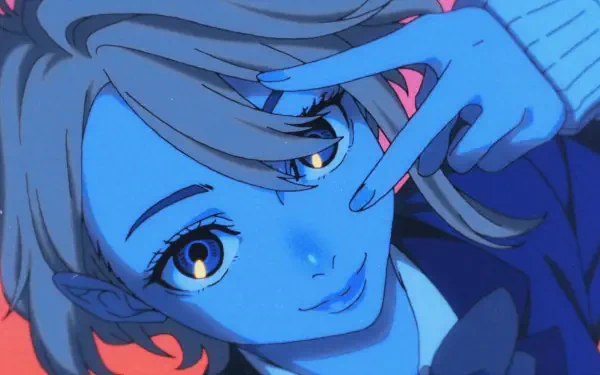 HD PC desktop wallpaper featuring Aira Shiratori from the anime Dandadan with a close-up of her face and hand in vibrant blue and orange tones.
